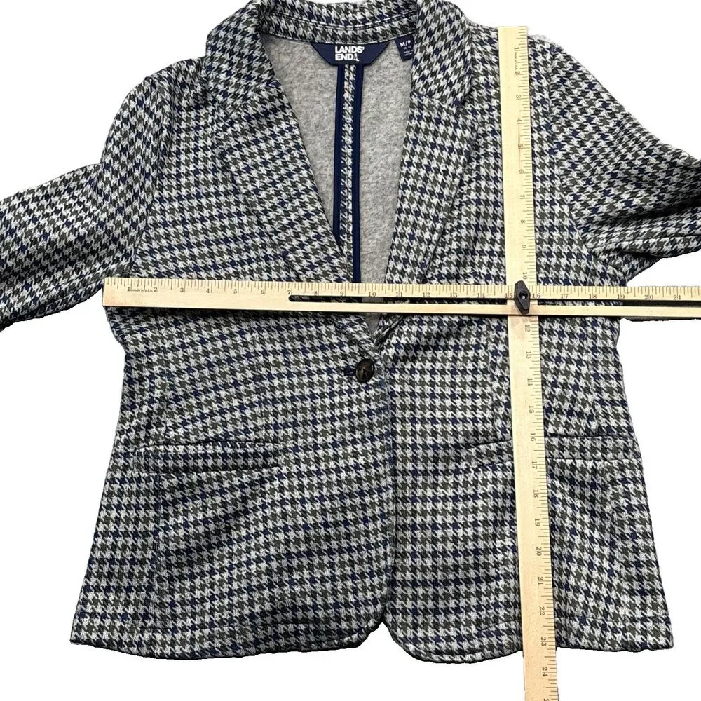 Lands’ End Knit Blazer M Petite Gray Houndstooth Blue Green One Button Career